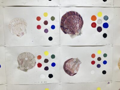 2025年7-9月「50回生（中1）ちりがみ・たまご、三原色で描くホタテ貝」